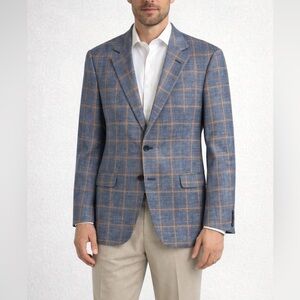 Robert Talbott Carmel Blue Plaid Blazer Wool Silk Linen Sport Coat Size 42R